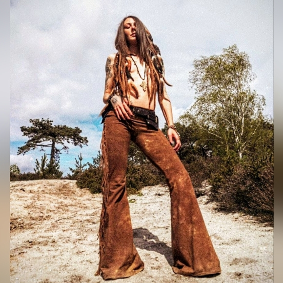 SHORT LENGTH Hip Hugger Fringe Bell Bottoms in GOLDEN BROWN TIE DYE XS S M L XL - Picture 3 of 14